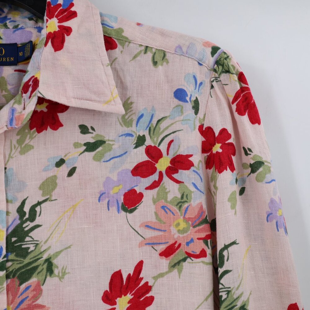 Polo Ralph Lauren Tunic Women's 10 linen Long Sleeve Top Floral Button Down - Picture 2 of 11